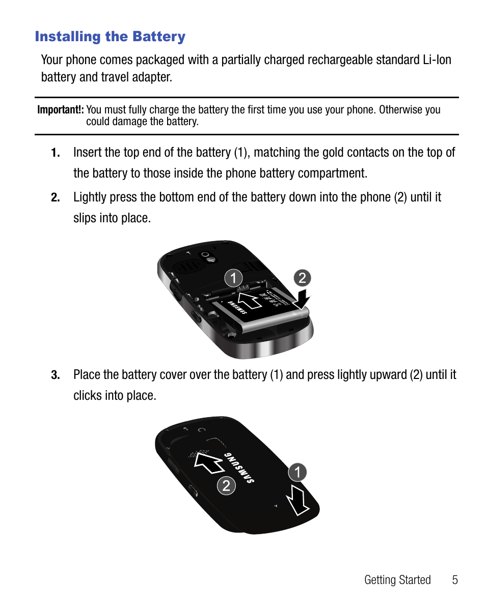 Installing the battery | Samsung SCH-R355DAASTT User Manual | Page 9 / 78