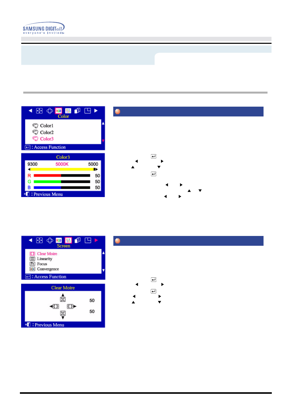 On-screen display, Color3 clear moire, User’s manual 31 | Menu, How to adjust | Samsung AN19MS9U-EDC User Manual | Page 33 / 74