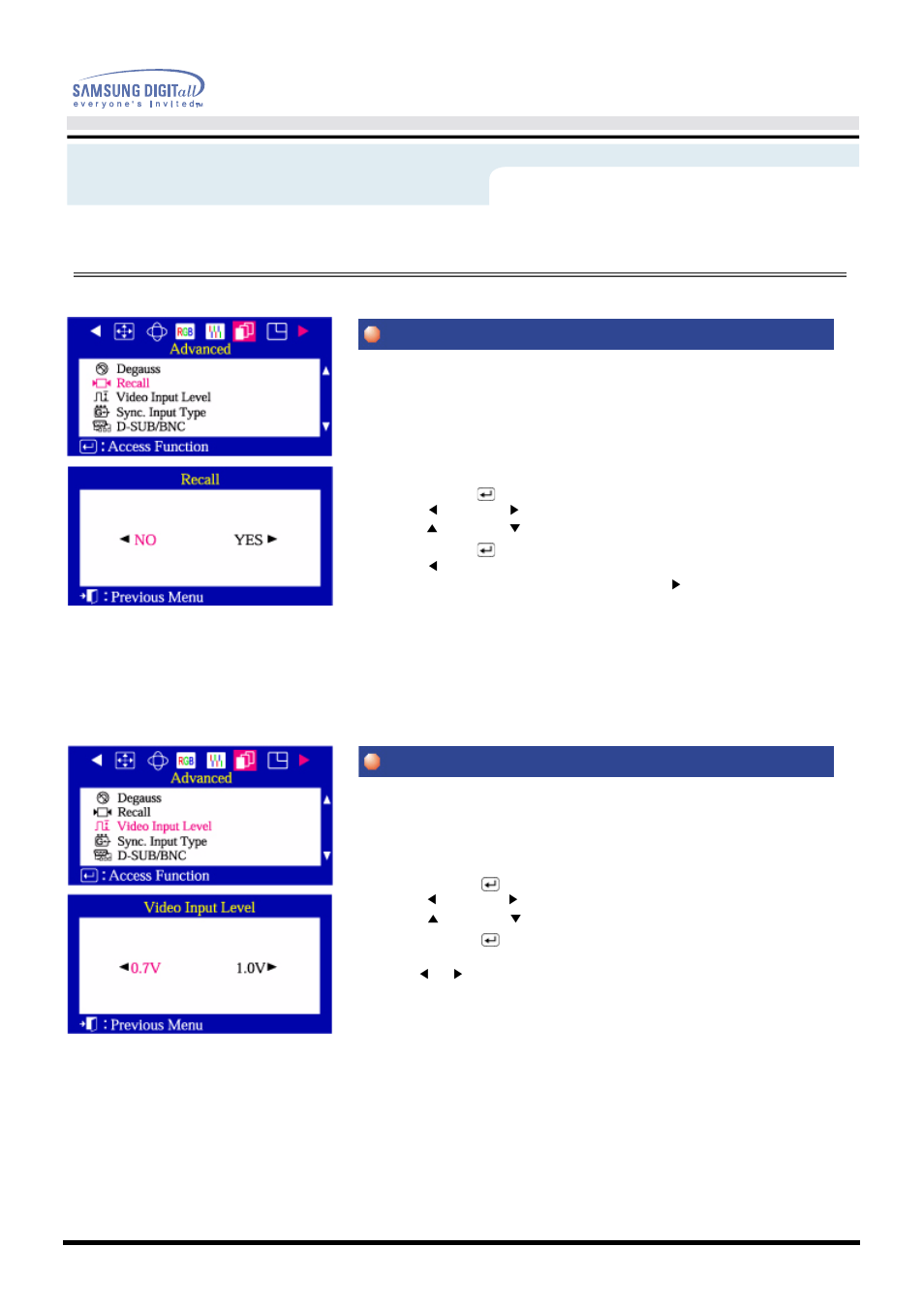 On-screen display, Recall video input level, User’s manual 34 | Menu, How to adjust | Samsung AN19MS9U-EDC User Manual | Page 36 / 74