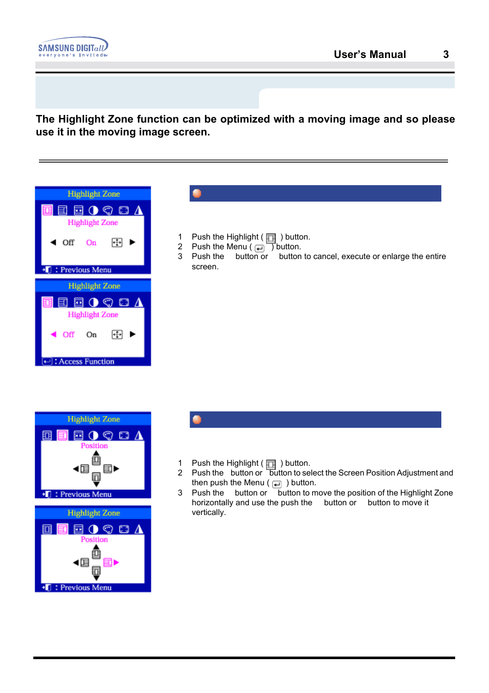 On-screen display, Highlight zone position, User’s manual 38 8 | Samsung AN19MS9U-EDC User Manual | Page 40 / 74