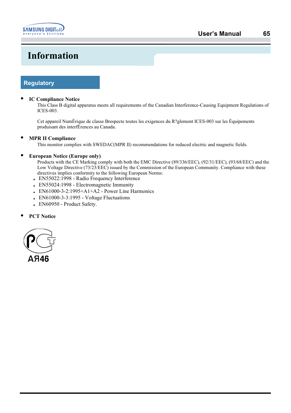 Information | Samsung AN19MS9U-EDC User Manual | Page 67 / 74