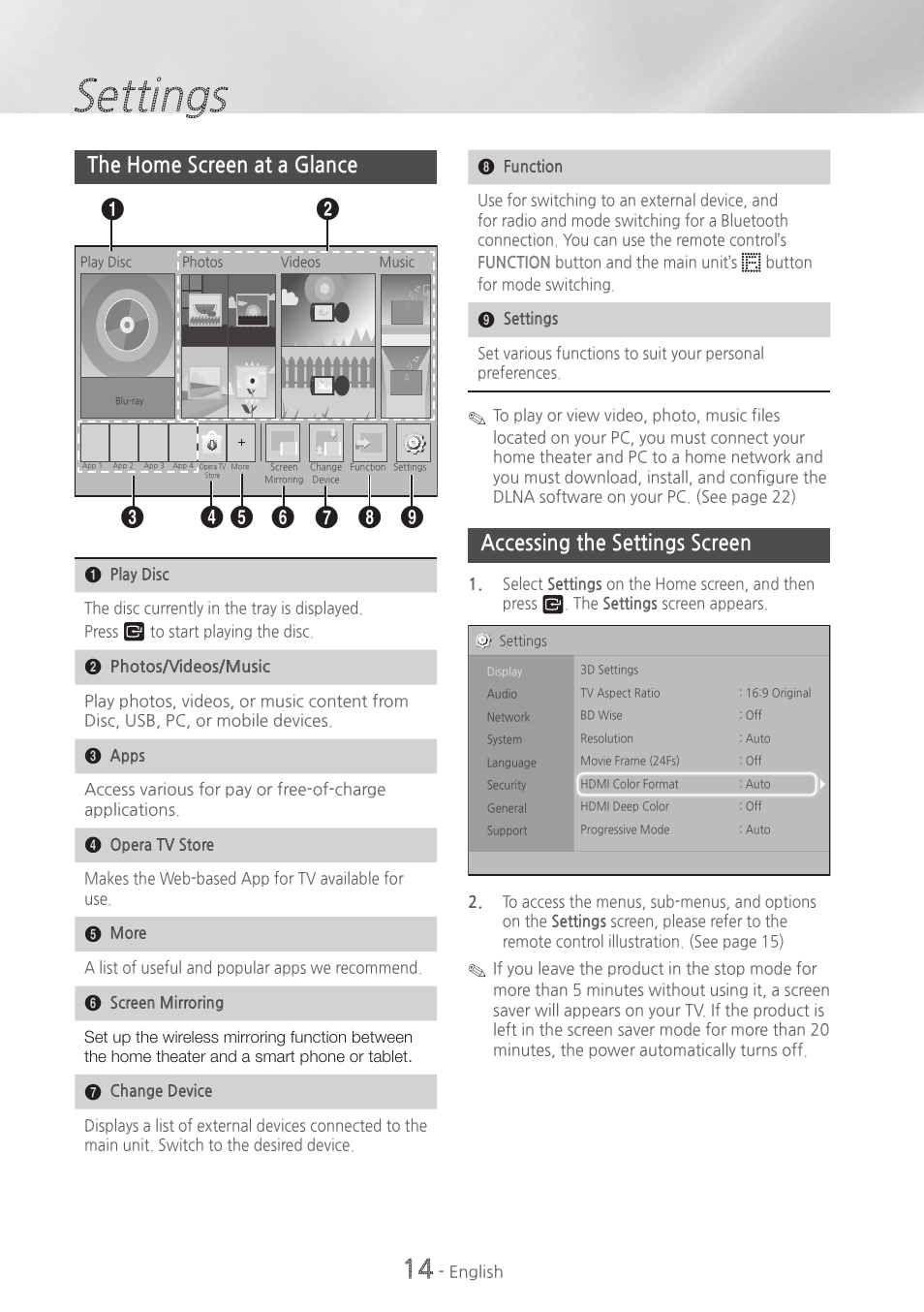 The home screen at a glance, Accessing the settings screen, Settings | Samsung HT-HM55-ZA User Manual | Page 14 / 47