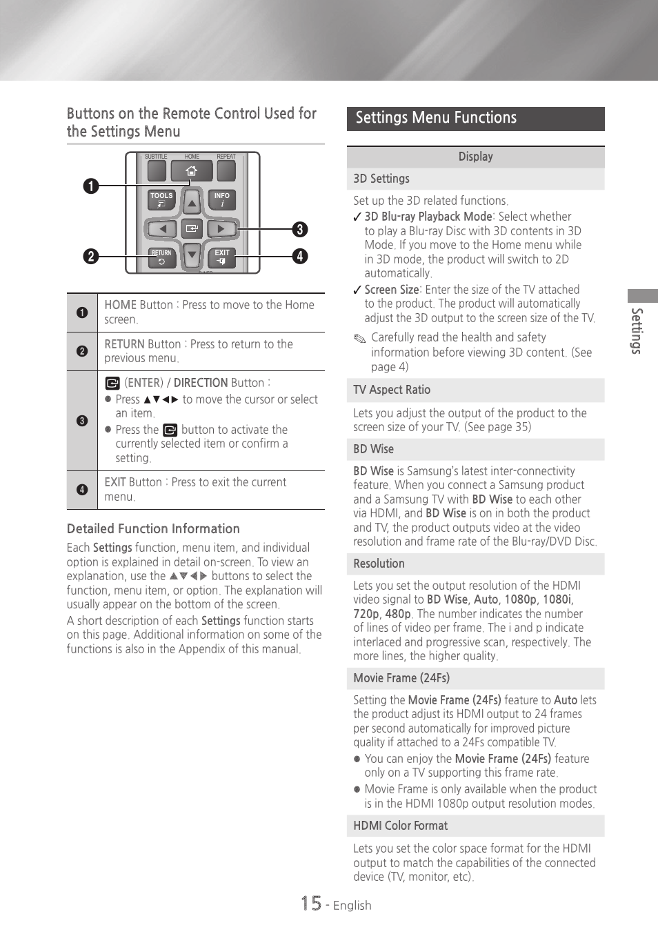Settings menu functions, 15 settings menu functions, Settings | Samsung HT-HM55-ZA User Manual | Page 15 / 47