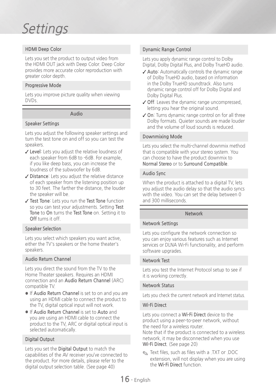 Settings | Samsung HT-HM55-ZA User Manual | Page 16 / 47