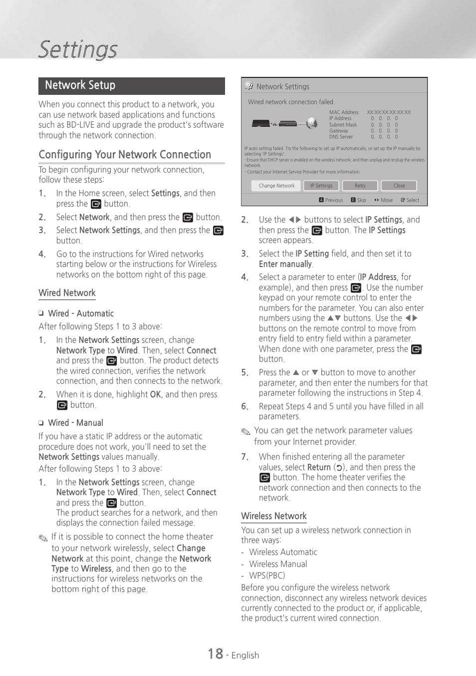 Network setup, 18 network setup, Settings | Configuring your network connection | Samsung HT-HM55-ZA User Manual | Page 18 / 47