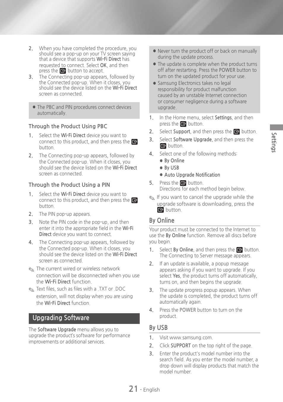 Upgrading software, 21 upgrading software, By online | By usb | Samsung HT-HM55-ZA User Manual | Page 21 / 47
