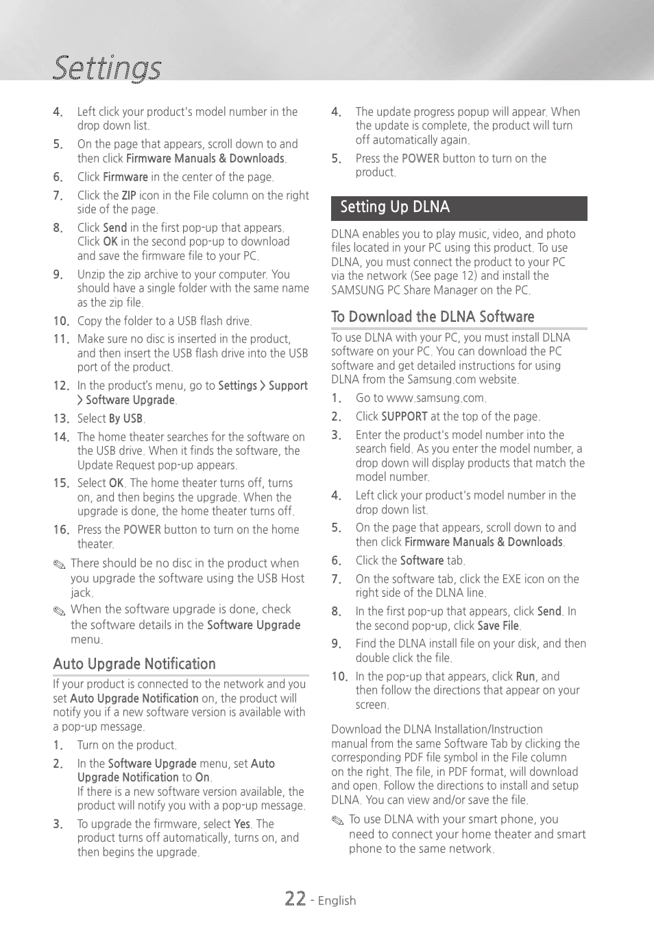 Setting up dlna, 22 setting up dlna, Settings | Samsung HT-HM55-ZA User Manual | Page 22 / 47