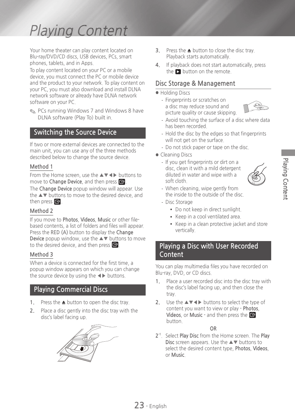 Playing content, Switching the source device, Playing commercial discs | Playing a disc with user recorded content | Samsung HT-HM55-ZA User Manual | Page 23 / 47