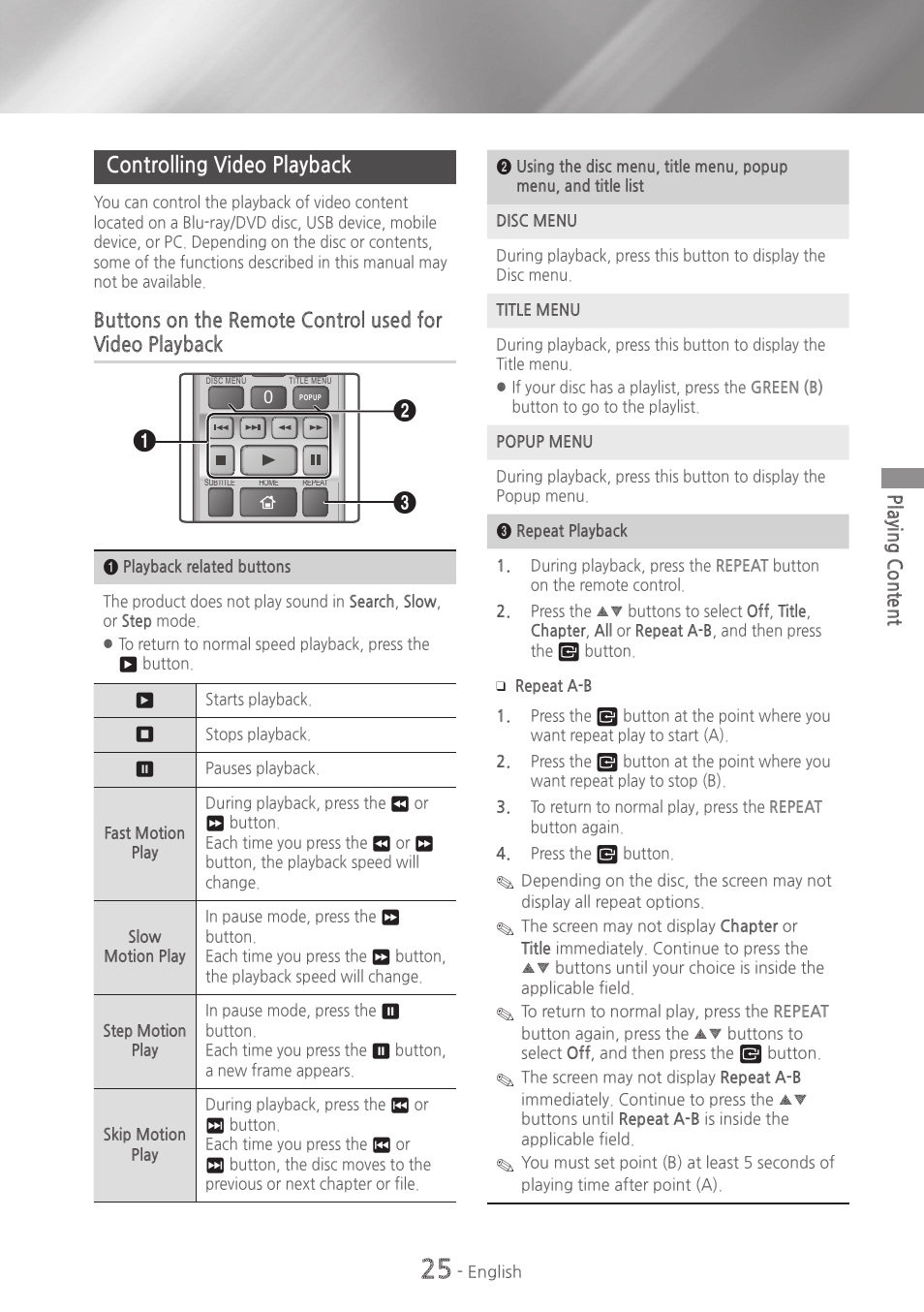 Controlling video playback, 25 controlling video playback, Playing content | Samsung HT-HM55-ZA User Manual | Page 25 / 47