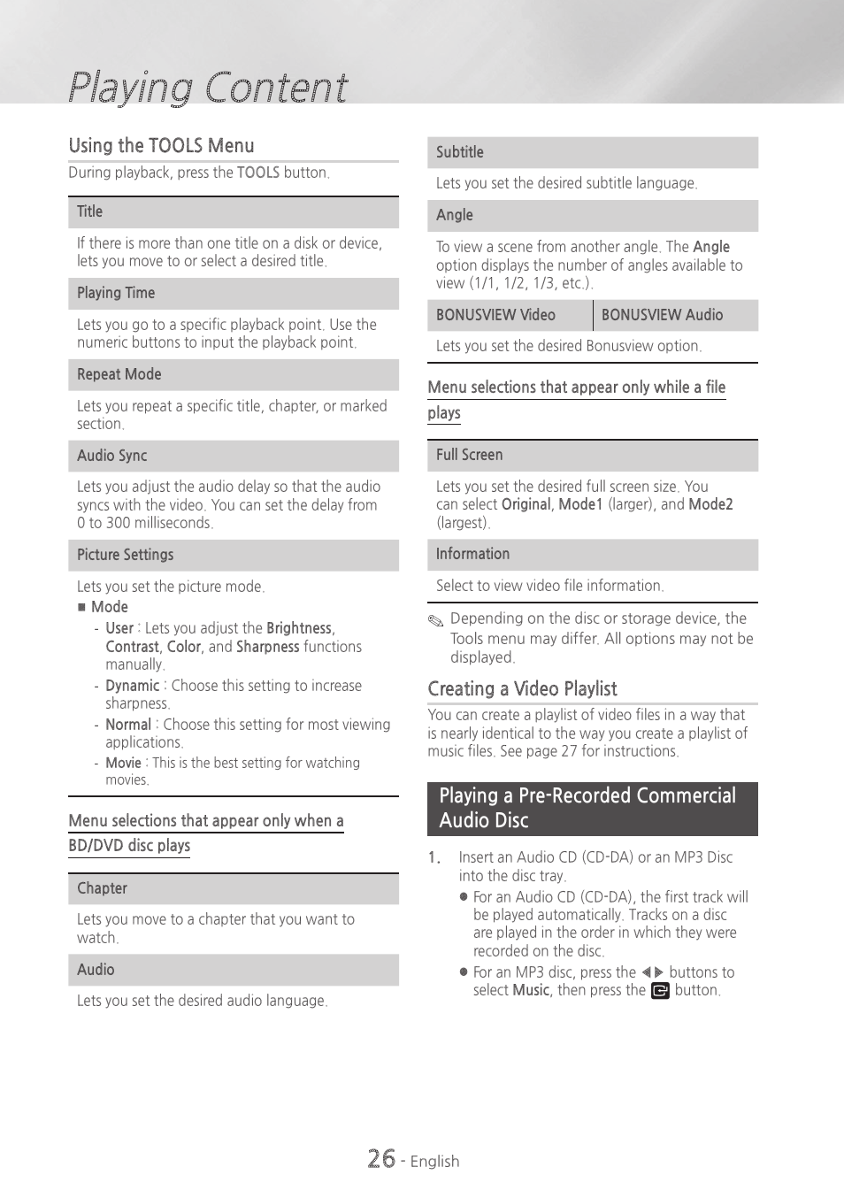 Playing a pre-recorded commercial audio disc, 26 playing a pre-recorded commercial audio disc, Playing content | Samsung HT-HM55-ZA User Manual | Page 26 / 47
