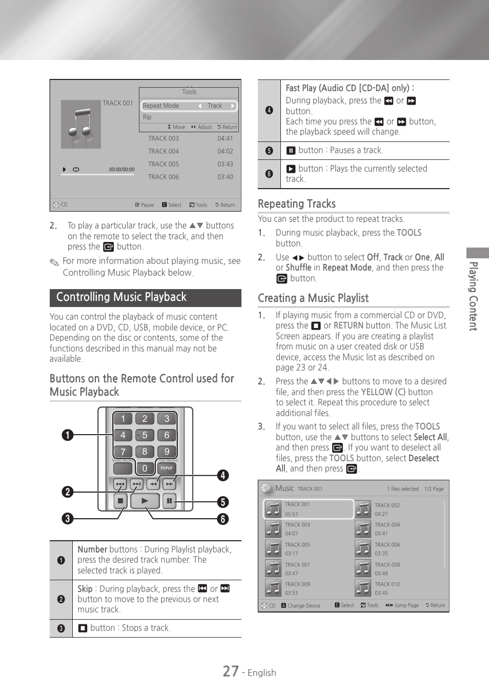 Controlling music playback, 27 controlling music playback, Repeating tracks | Creating a music playlist, Playing content | Samsung HT-HM55-ZA User Manual | Page 27 / 47