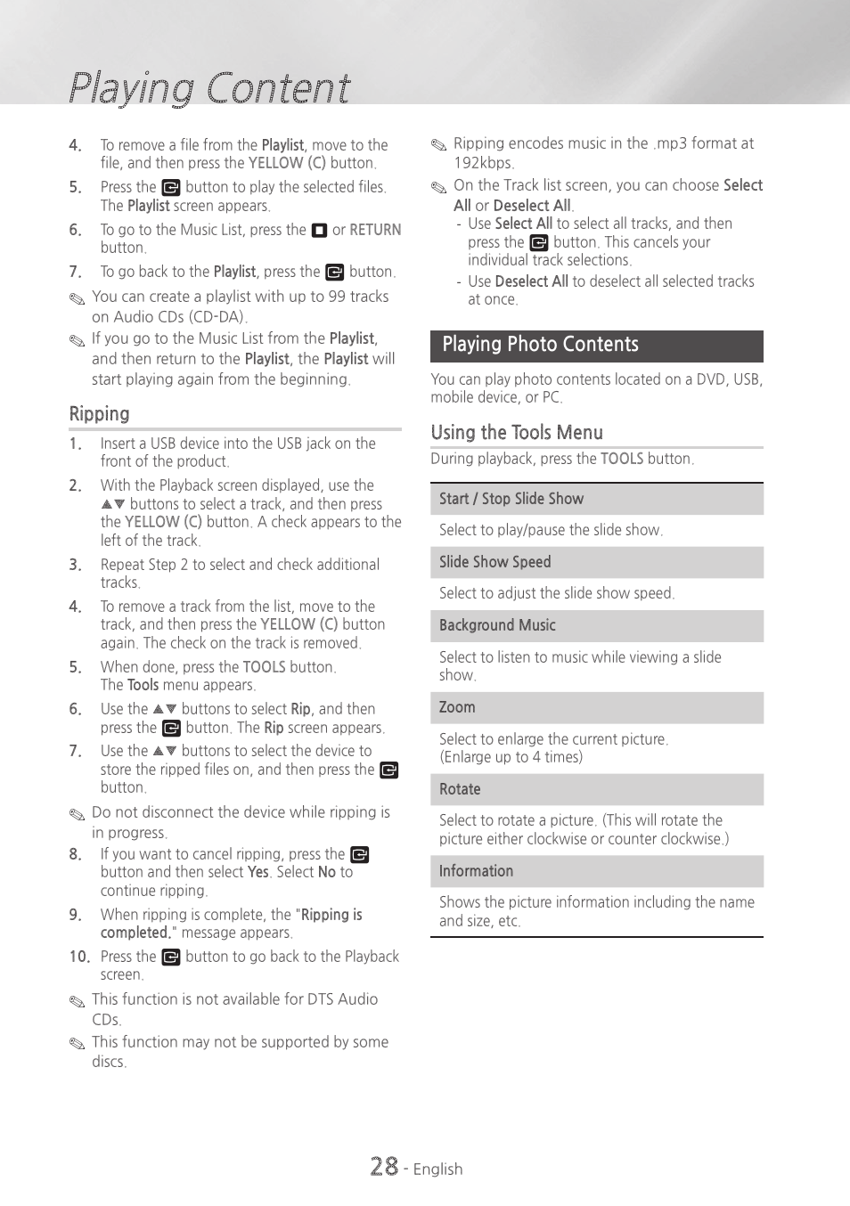 Playing photo contents, 28 playing photo contents, Playing content | Samsung HT-HM55-ZA User Manual | Page 28 / 47