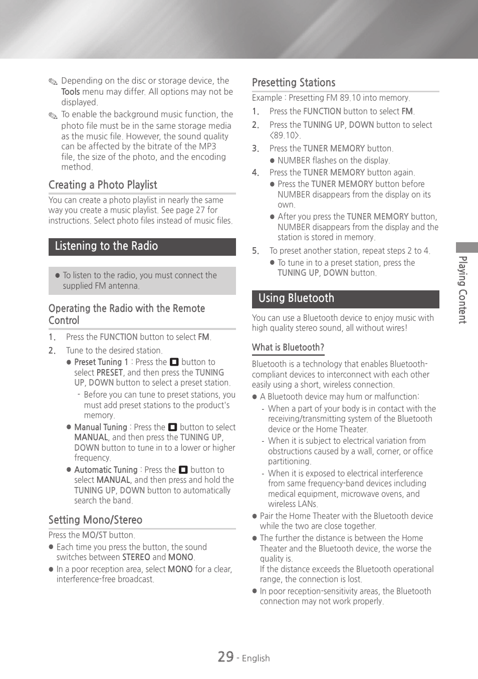 Listening to the radio, Using bluetooth, 29 listening to the radio 29 using bluetooth | Creating a photo playlist, Setting mono/stereo, Presetting stations, Playing content, Operating the radio with the remote control | Samsung HT-HM55-ZA User Manual | Page 29 / 47