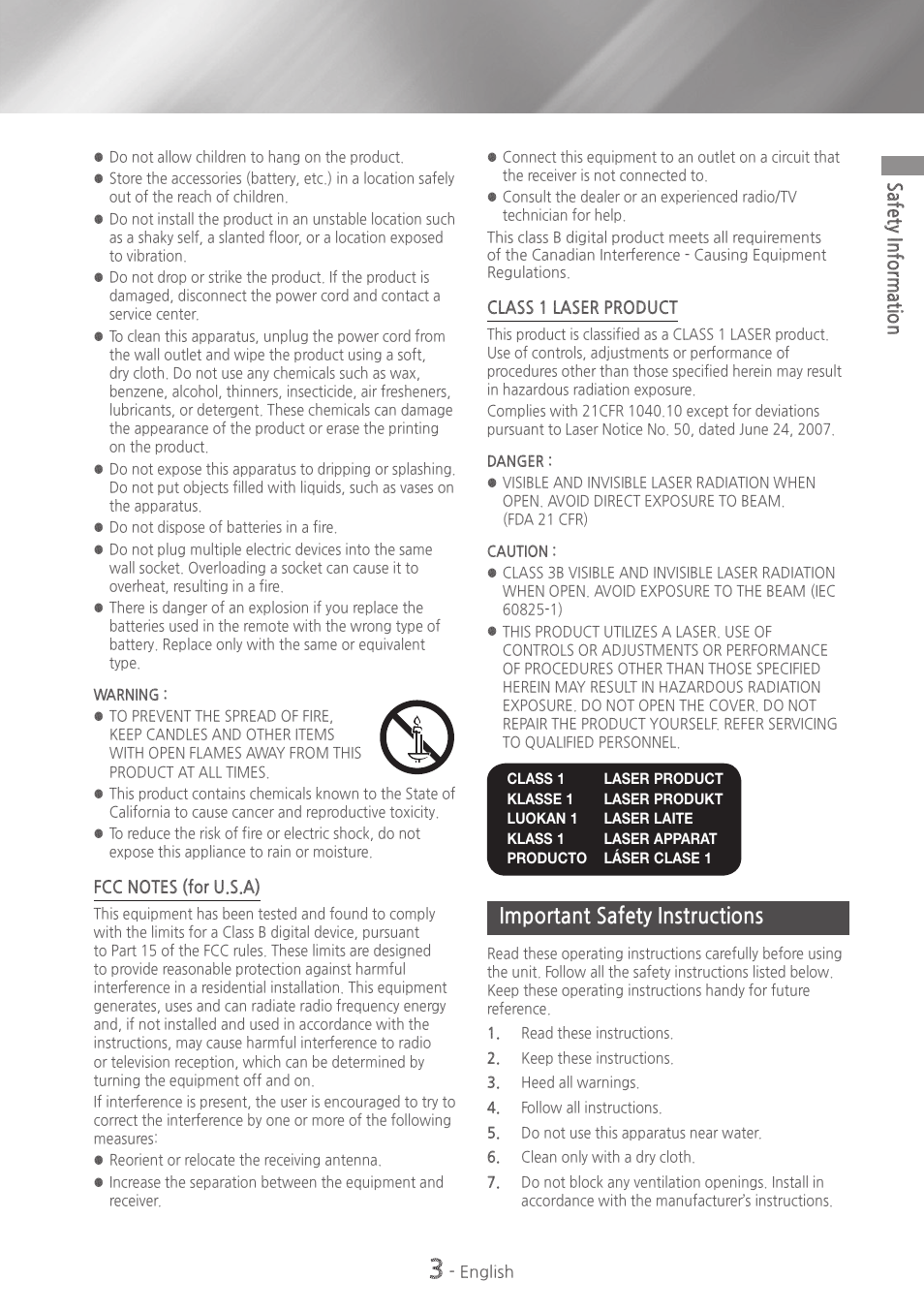 Important safety instructions, Safety information, Class 1 laser product | Samsung HT-HM55-ZA User Manual | Page 3 / 47