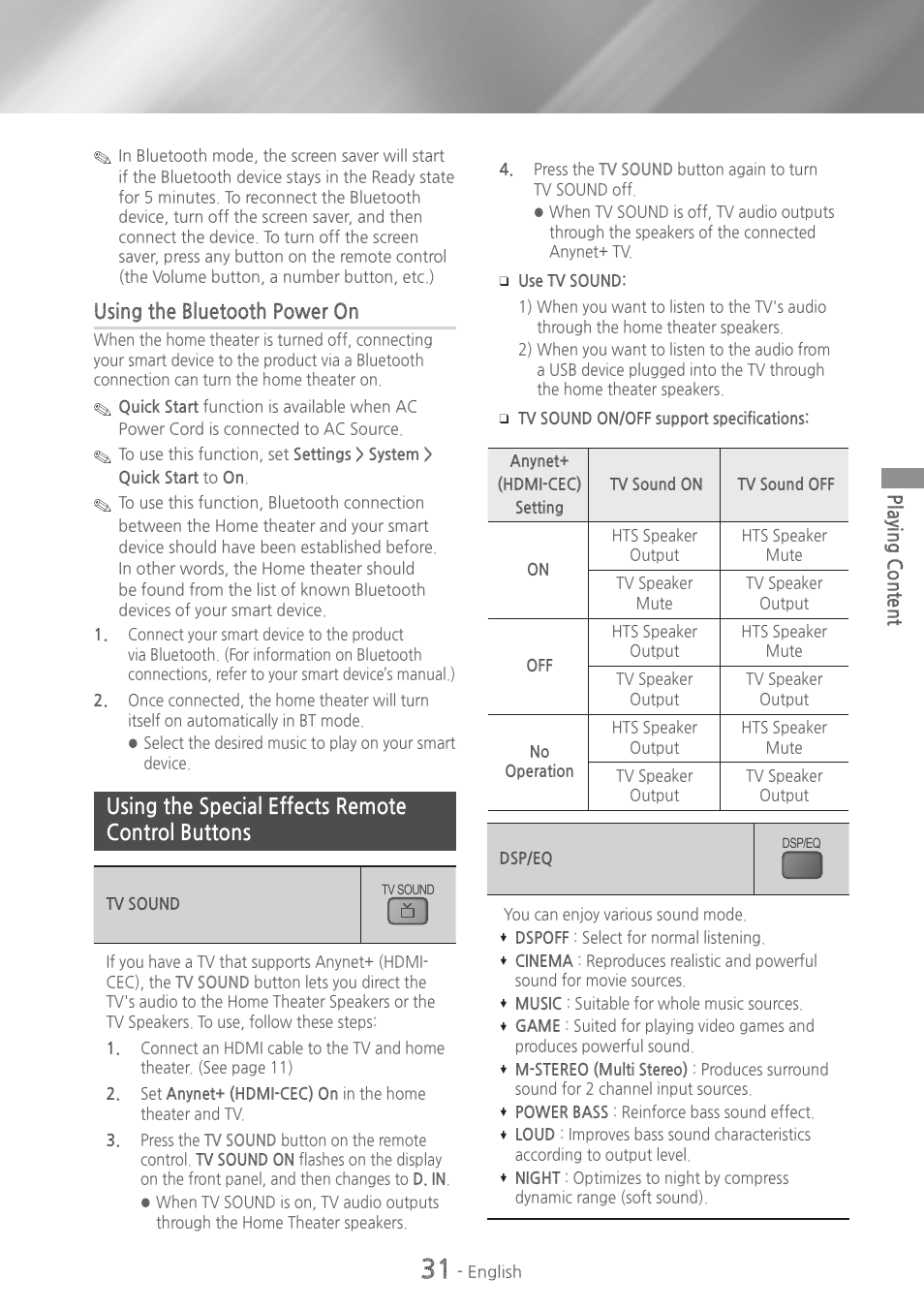 Using the special effects remote control buttons, 31 using the special effects remote control, Buttons | Using the bluetooth power on | Samsung HT-HM55-ZA User Manual | Page 31 / 47