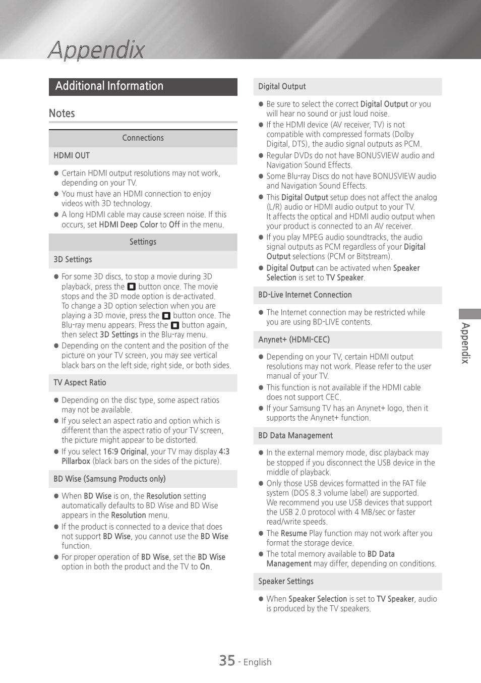 Appendix, Additional information, 35 additional information | Samsung HT-HM55-ZA User Manual | Page 35 / 47