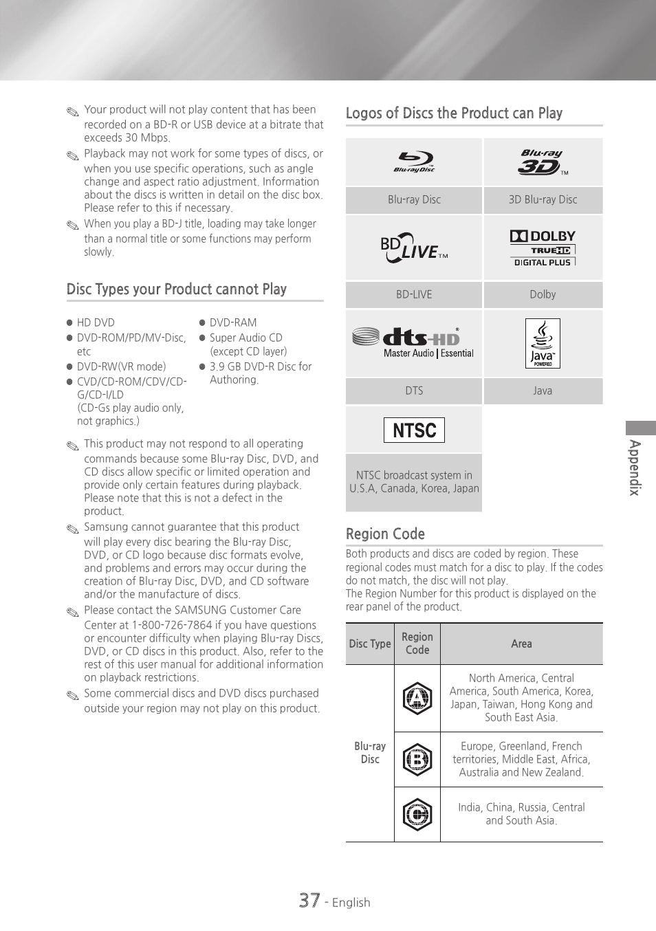 Disc types your product cannot play, Logos of discs the product can play, Region code | Samsung HT-HM55-ZA User Manual | Page 37 / 47