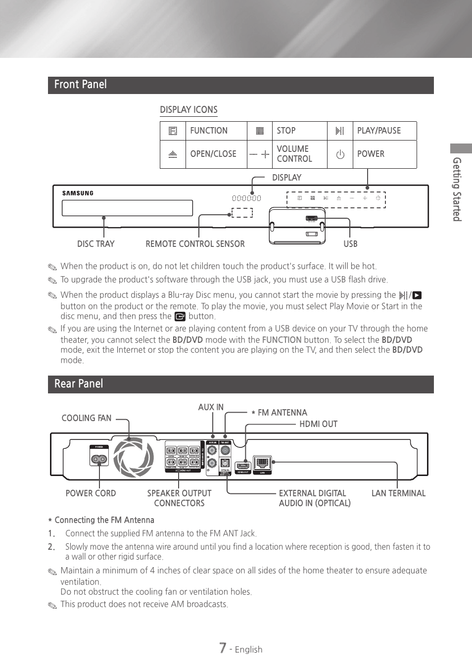 Front panel, Rear panel, 7 front panel 7 rear panel | Samsung HT-HM55-ZA User Manual | Page 7 / 47