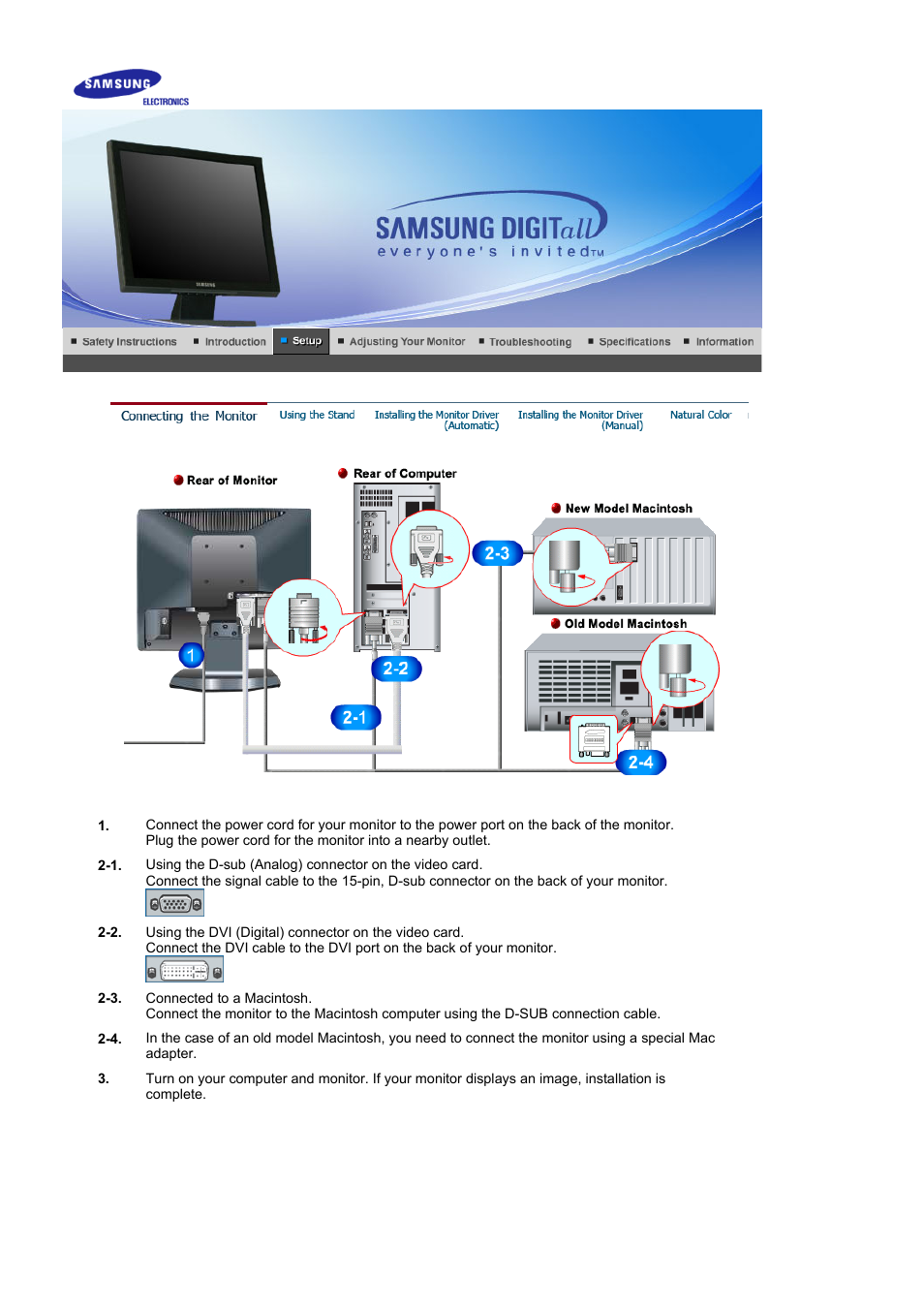 Setup, Connecting the monitor | Samsung BI19BSSB User Manual | Page 12 / 69