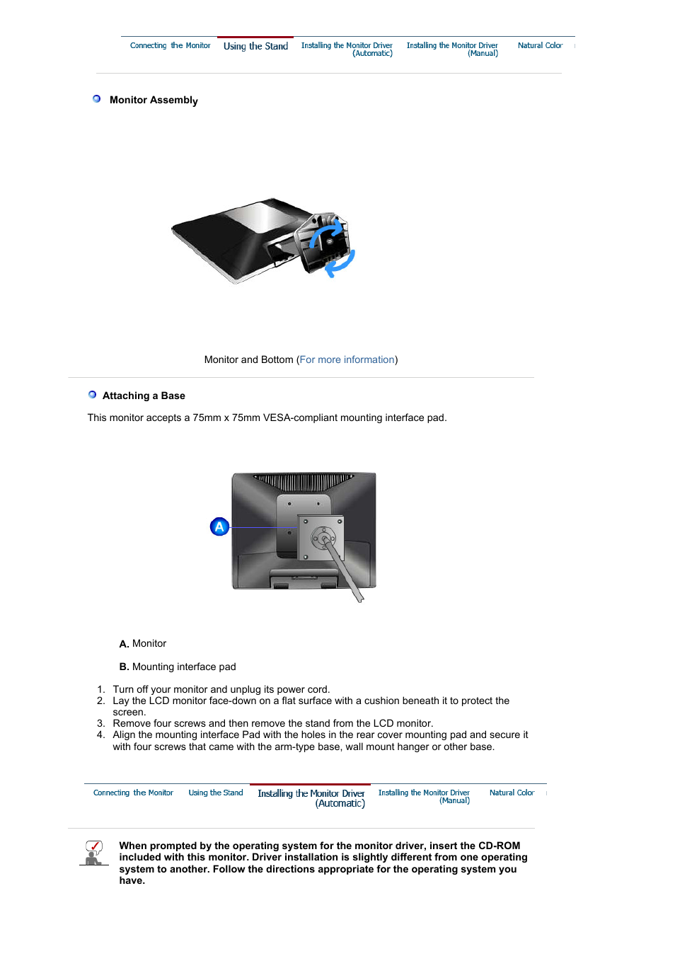 Using tue stand, Installing the monitor driver(automatic) | Samsung BI19BSSB User Manual | Page 13 / 69