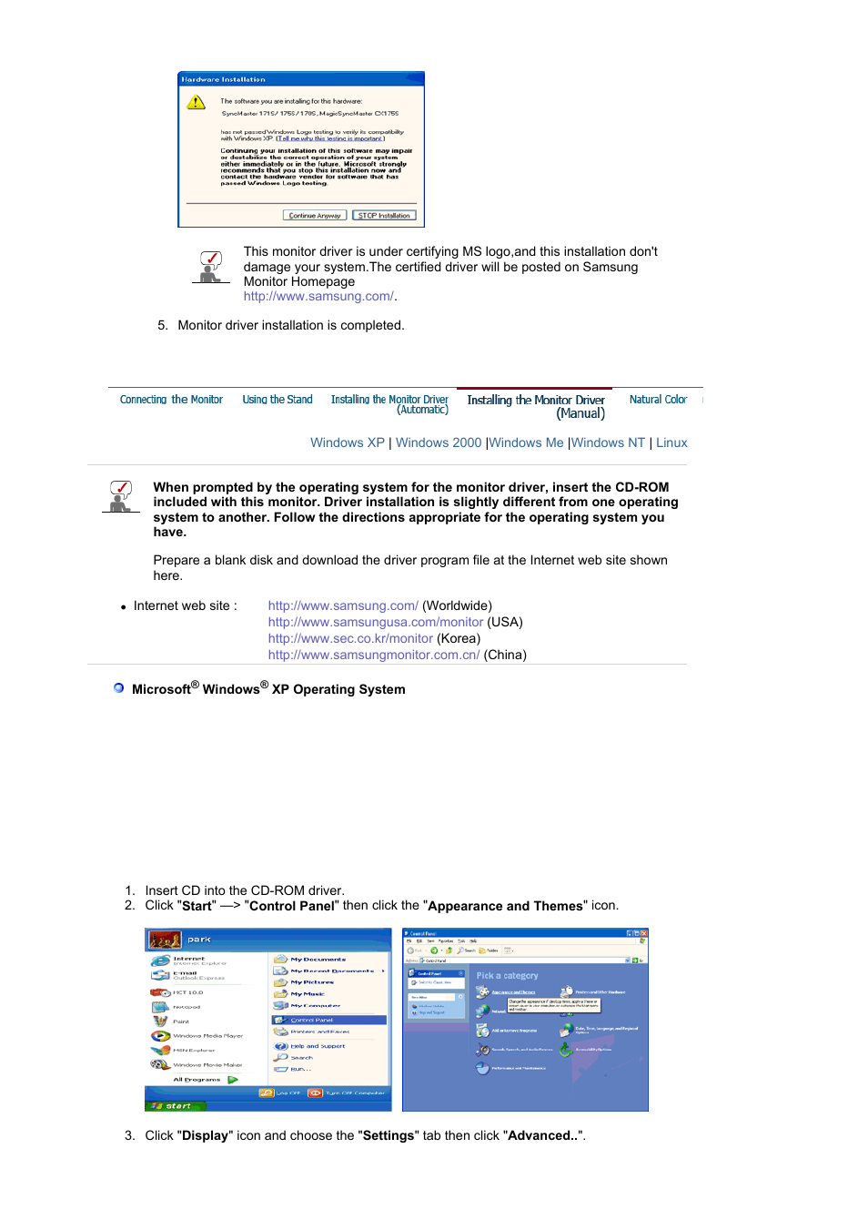 Installing the monitor driver(manual) | Samsung BI19BSSB User Manual | Page 15 / 69