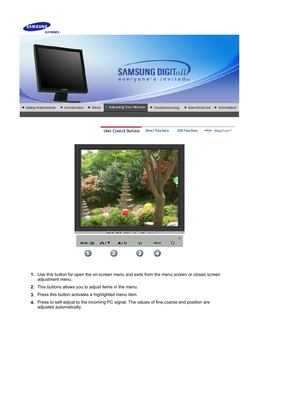 Adjusting your monitor, User control buttons | Samsung BI19BSSB User Manual | Page 20 / 69
