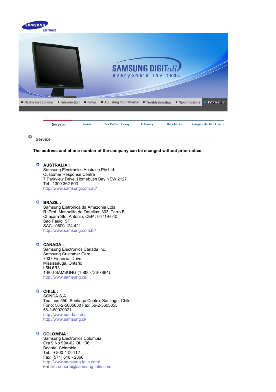 Information, Service | Samsung BI19BSSB User Manual | Page 56 / 69
