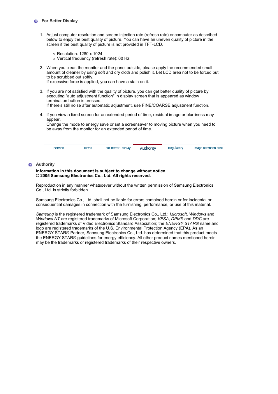 For better display, Authority | Samsung BI19BSSB User Manual | Page 60 / 69