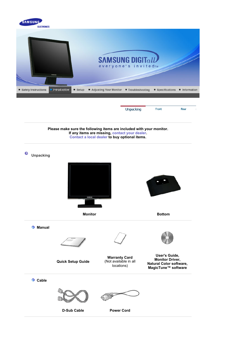 Introduction, Unpacking | Samsung BI19BSSB User Manual | Page 8 / 69