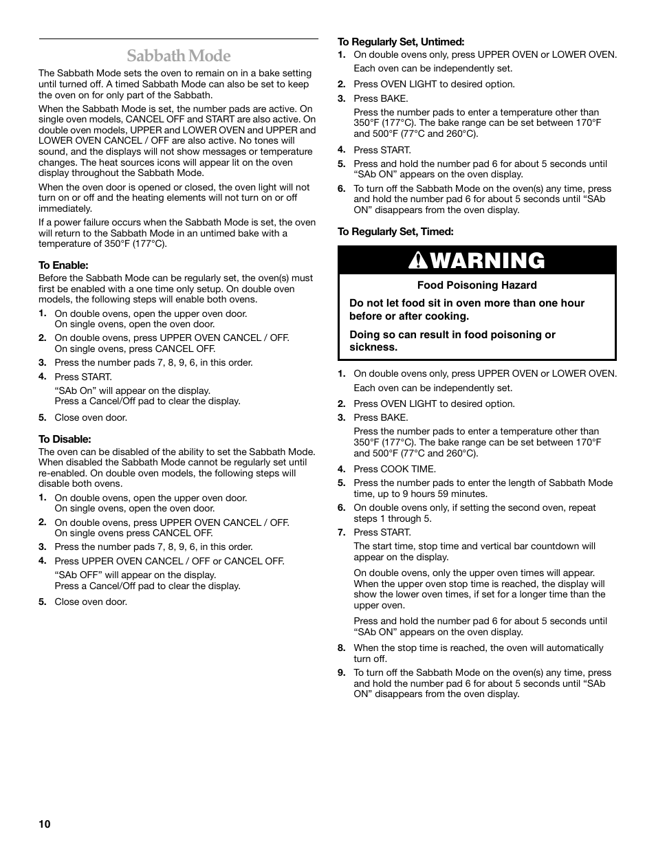 Warning, Sabbath mode | KITCHENAID KEBC107 User Manual | Page 10 / 24