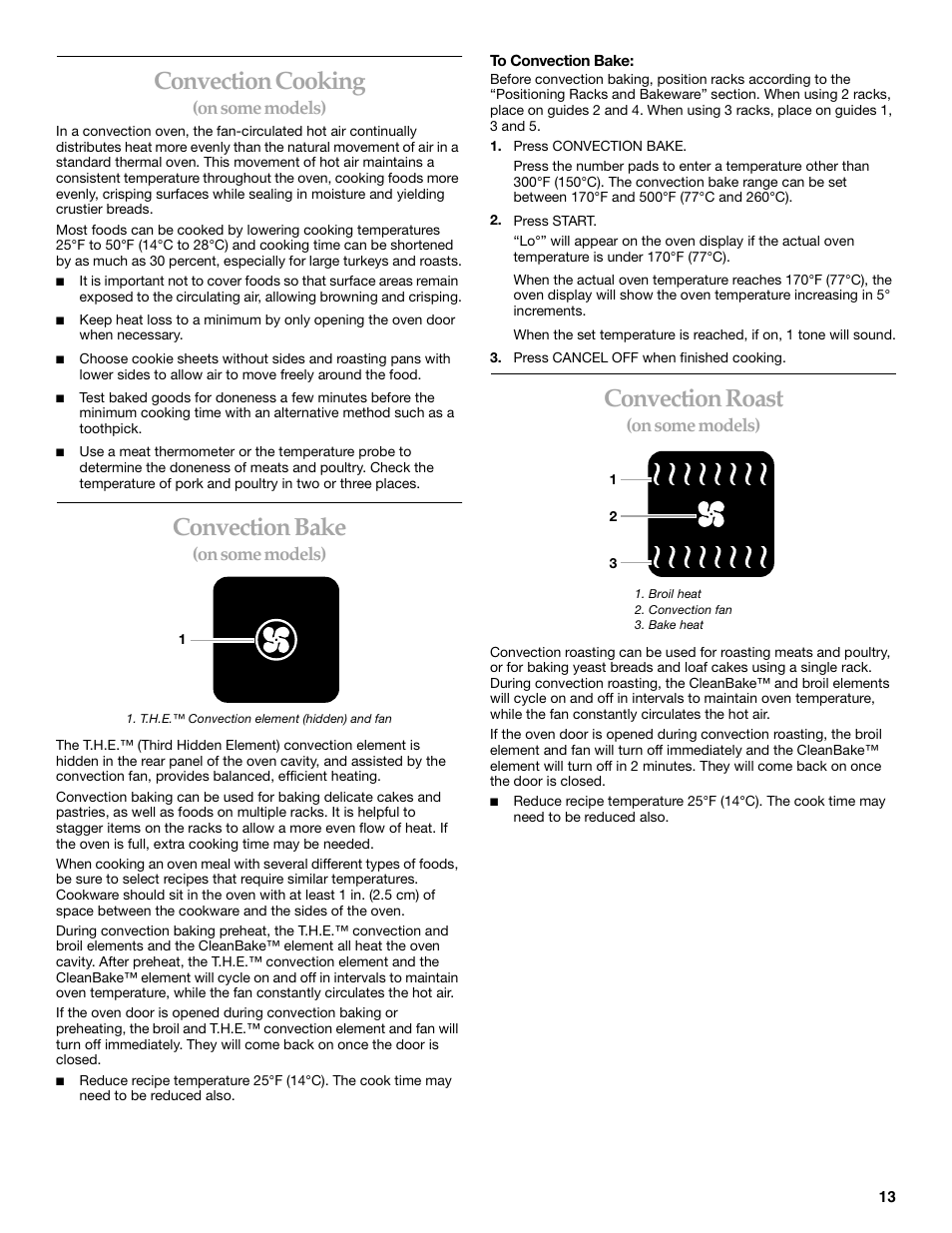 Convection cooking, Convection bake, Convection roast | On some models) | KITCHENAID KEBC107 User Manual | Page 13 / 24