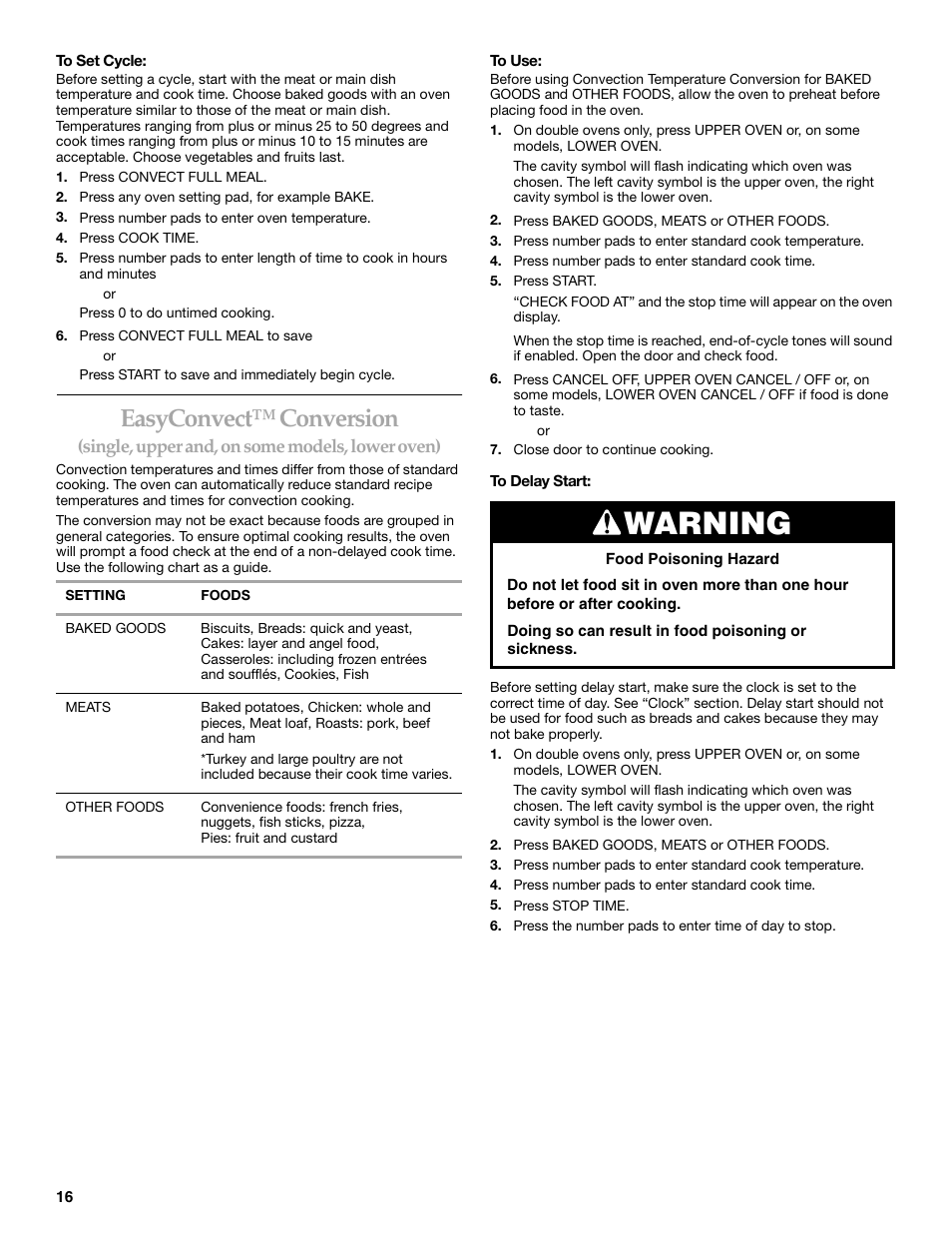 Warning, Easyconvect™ conversion | KITCHENAID KEBC107 User Manual | Page 16 / 24