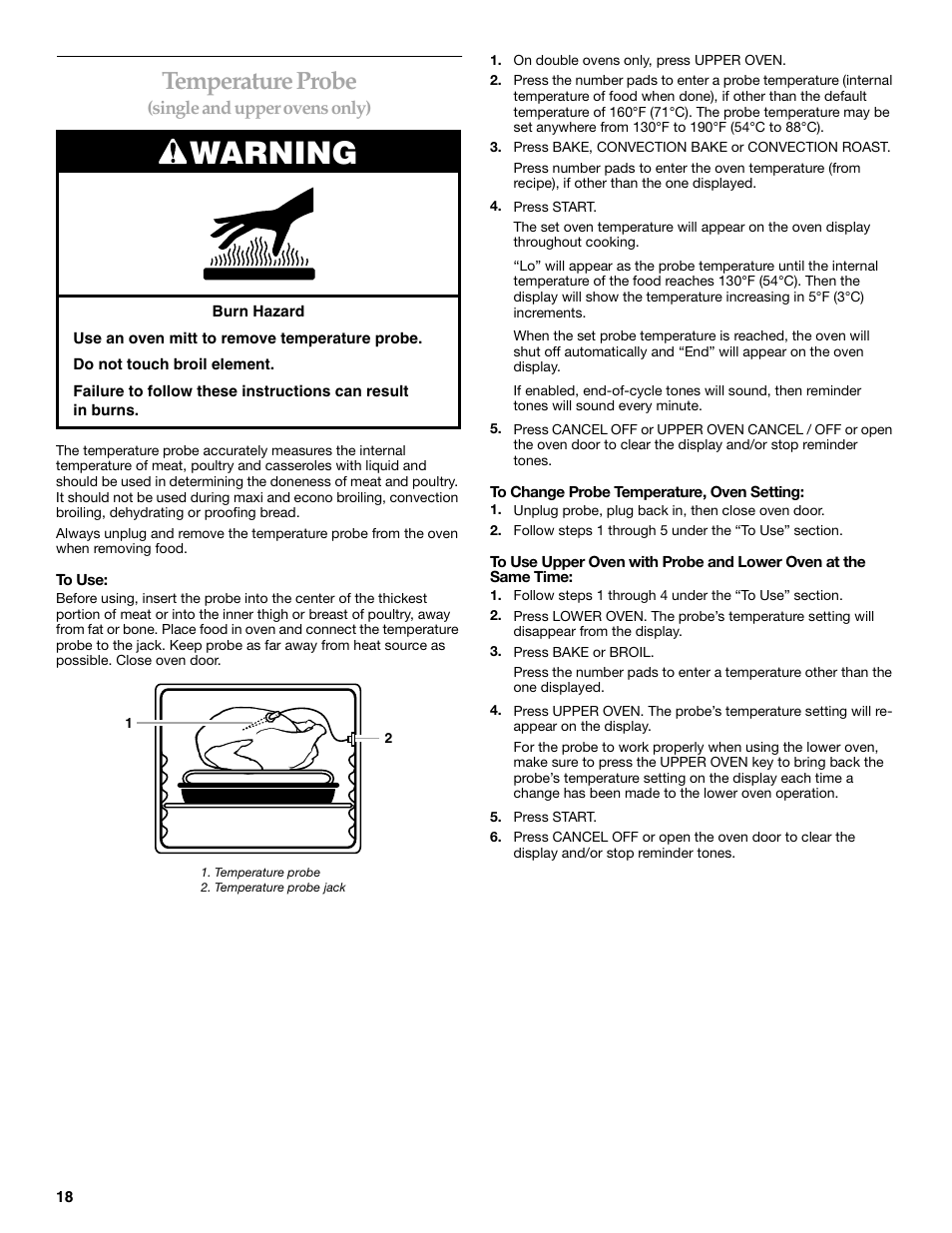 Warning, Temperature probe | KITCHENAID KEBC107 User Manual | Page 18 / 24