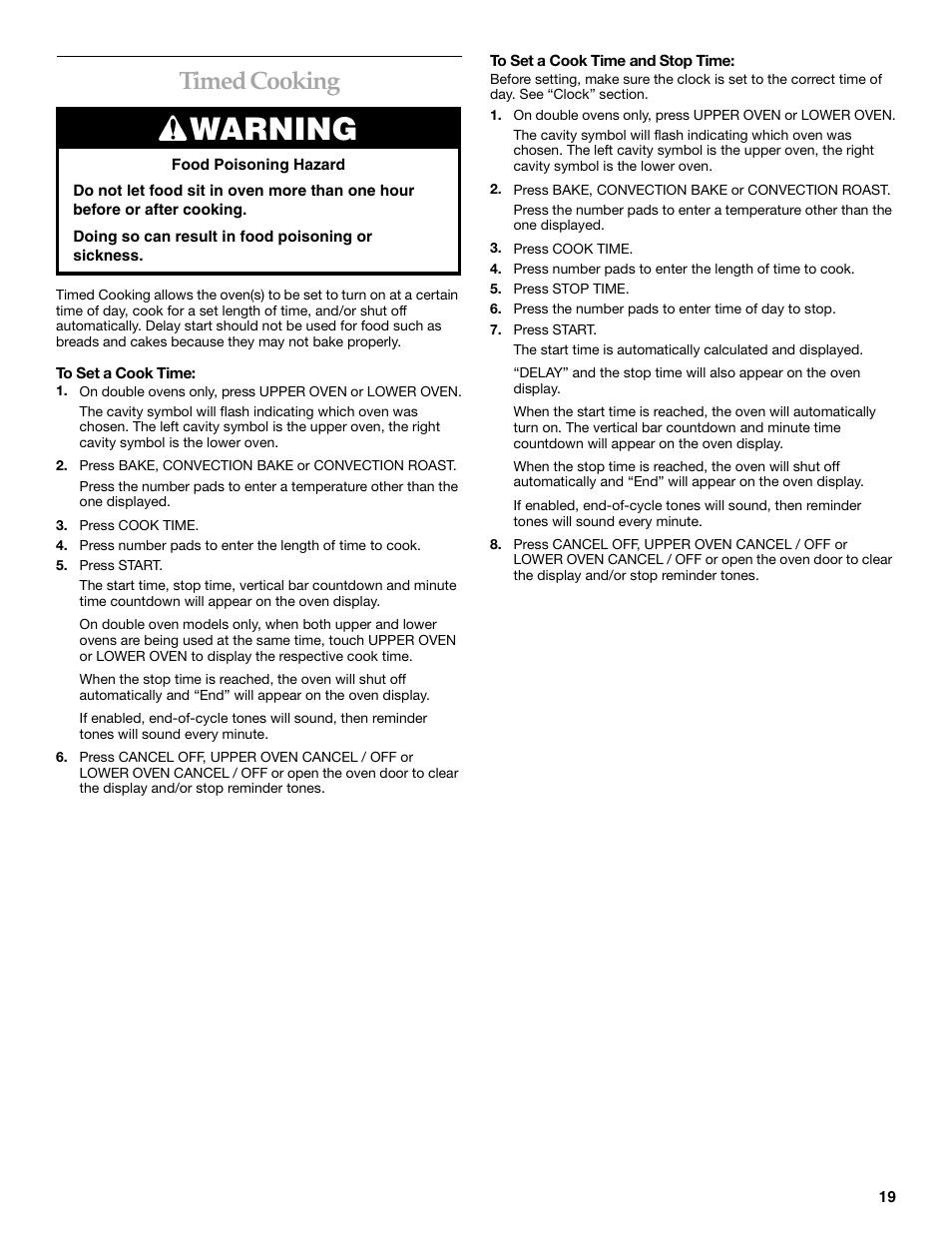 Warning, Timed cooking | KITCHENAID KEBC107 User Manual | Page 19 / 24