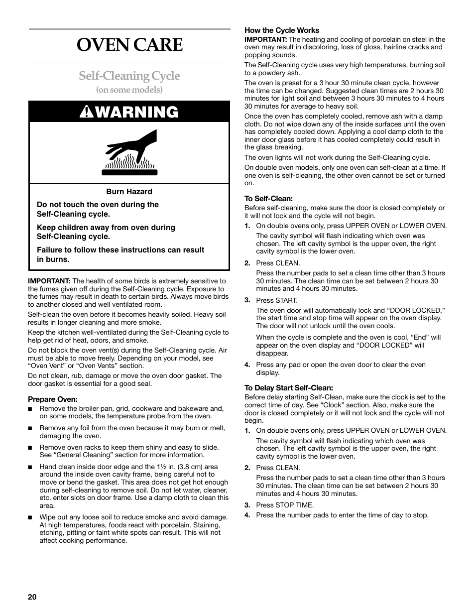 Oven care, Warning, Self-cleaning cycle | KITCHENAID KEBC107 User Manual | Page 20 / 24