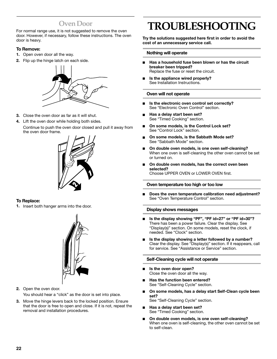 Troubleshooting, Oven door | KITCHENAID KEBC107 User Manual | Page 22 / 24