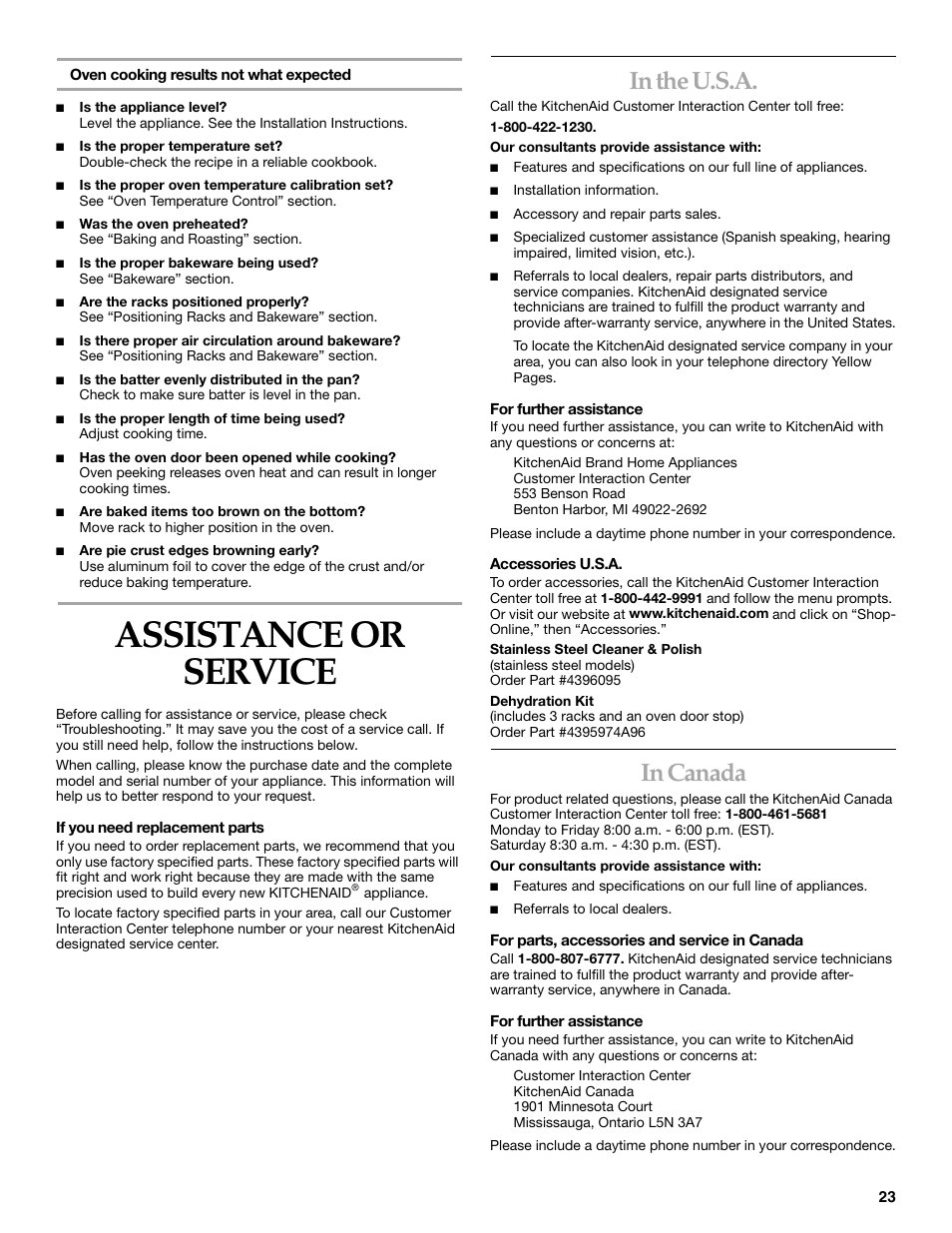 Assistance or service | KITCHENAID KEBC107 User Manual | Page 23 / 24