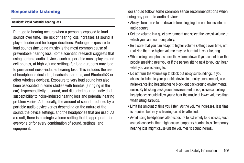 Responsible listening | Samsung SCH-R380ZKAMTR User Manual | Page 109 / 128