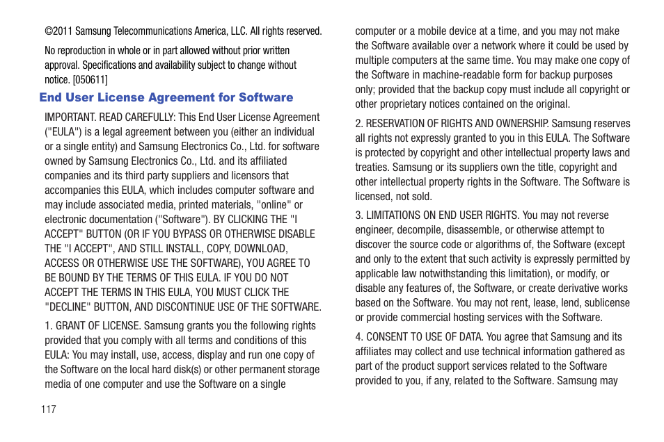 End user license agreement for software | Samsung SCH-R380ZKAMTR User Manual | Page 120 / 128