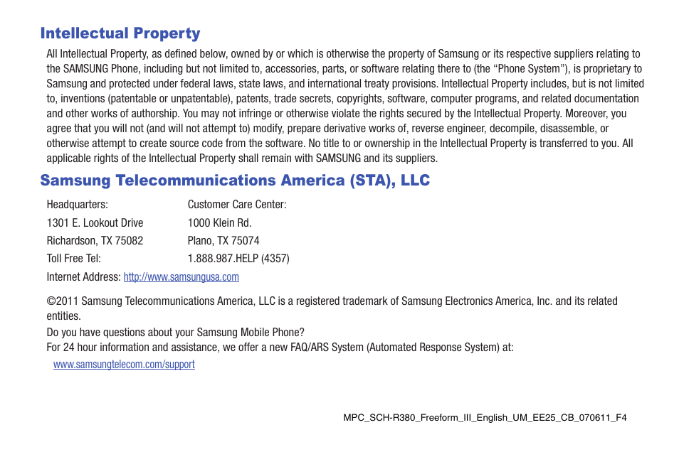 Intellectual property, Samsung telecommunications america (sta), llc | Samsung SCH-R380ZKAMTR User Manual | Page 2 / 128