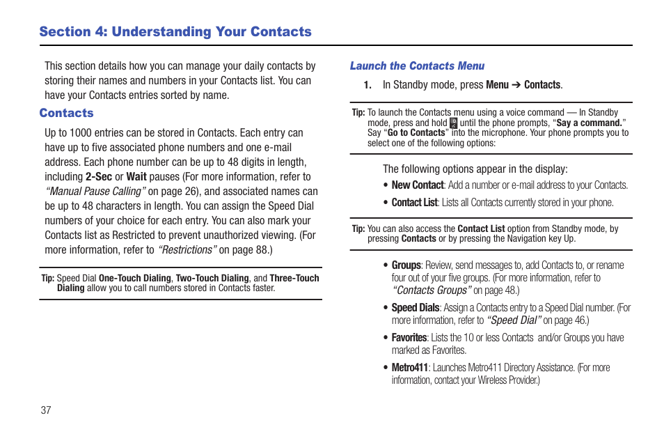 Section 4: understanding your contacts, Contacts | Samsung SCH-R380ZKAMTR User Manual | Page 40 / 128