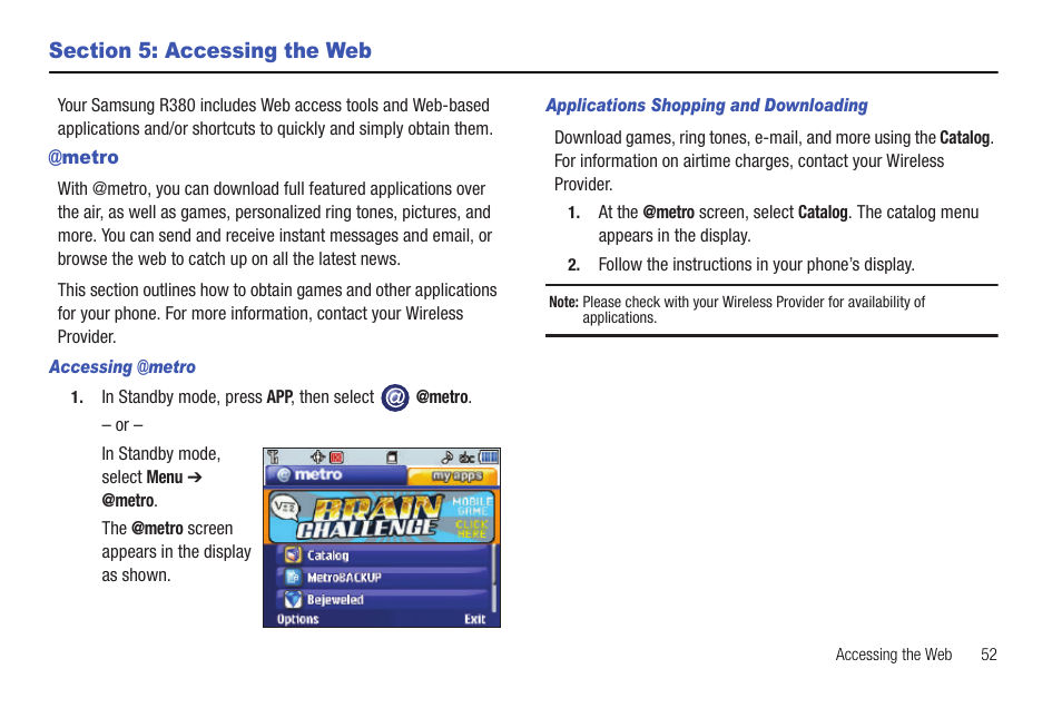 Section 5: accessing the web, Metro | Samsung SCH-R380ZKAMTR User Manual | Page 55 / 128