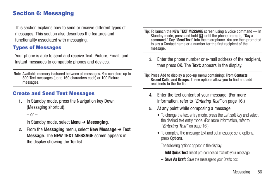 Section 6: messaging, Types of messages create and send text messages | Samsung SCH-R380ZKAMTR User Manual | Page 59 / 128