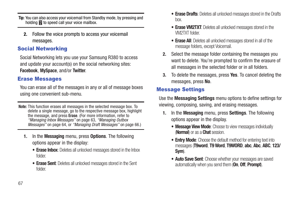 Social networking erase messages message settings | Samsung SCH-R380ZKAMTR User Manual | Page 70 / 128