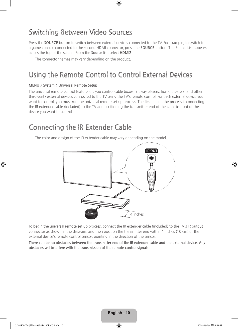 Switching between video sources, Connecting the ir extender cable | Samsung UN24H4500AFXZA User Manual | Page 10 / 30