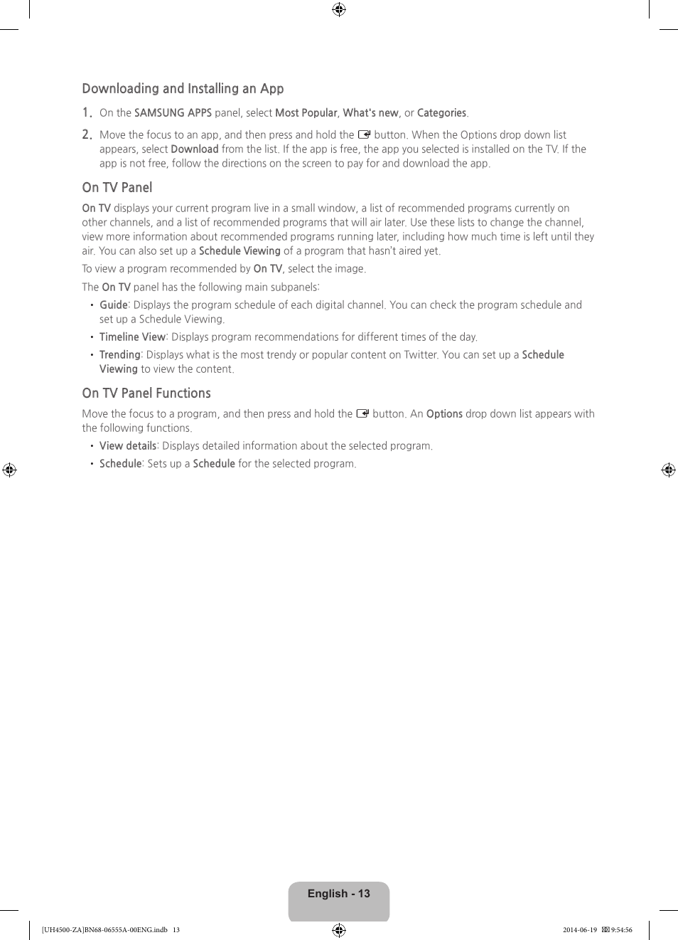 Downloading and installing an app, On tv panel, On tv panel functions | Samsung UN24H4500AFXZA User Manual | Page 13 / 30