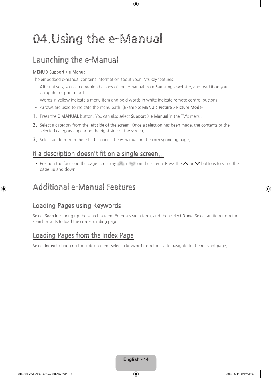 Using the e-manual, Launching the e-manual, Additional e-manual features | If a description doesn't fit on a single screen, Loading pages using keywords, Loading pages from the index page | Samsung UN24H4500AFXZA User Manual | Page 14 / 30