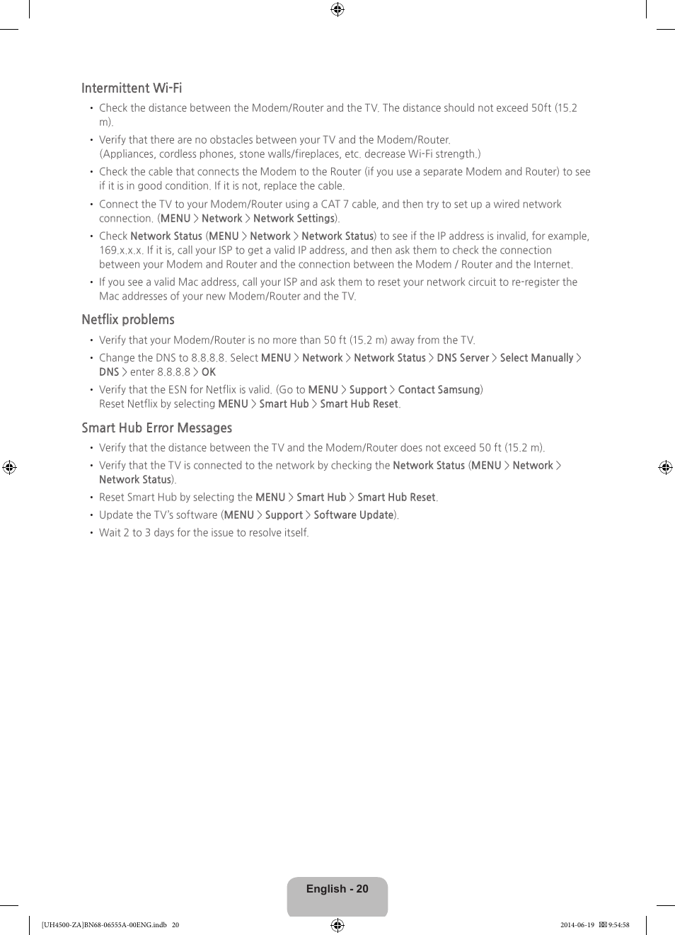 Intermittent wi-fi, Netflix problems, Smart hub error messages | Samsung UN24H4500AFXZA User Manual | Page 20 / 30