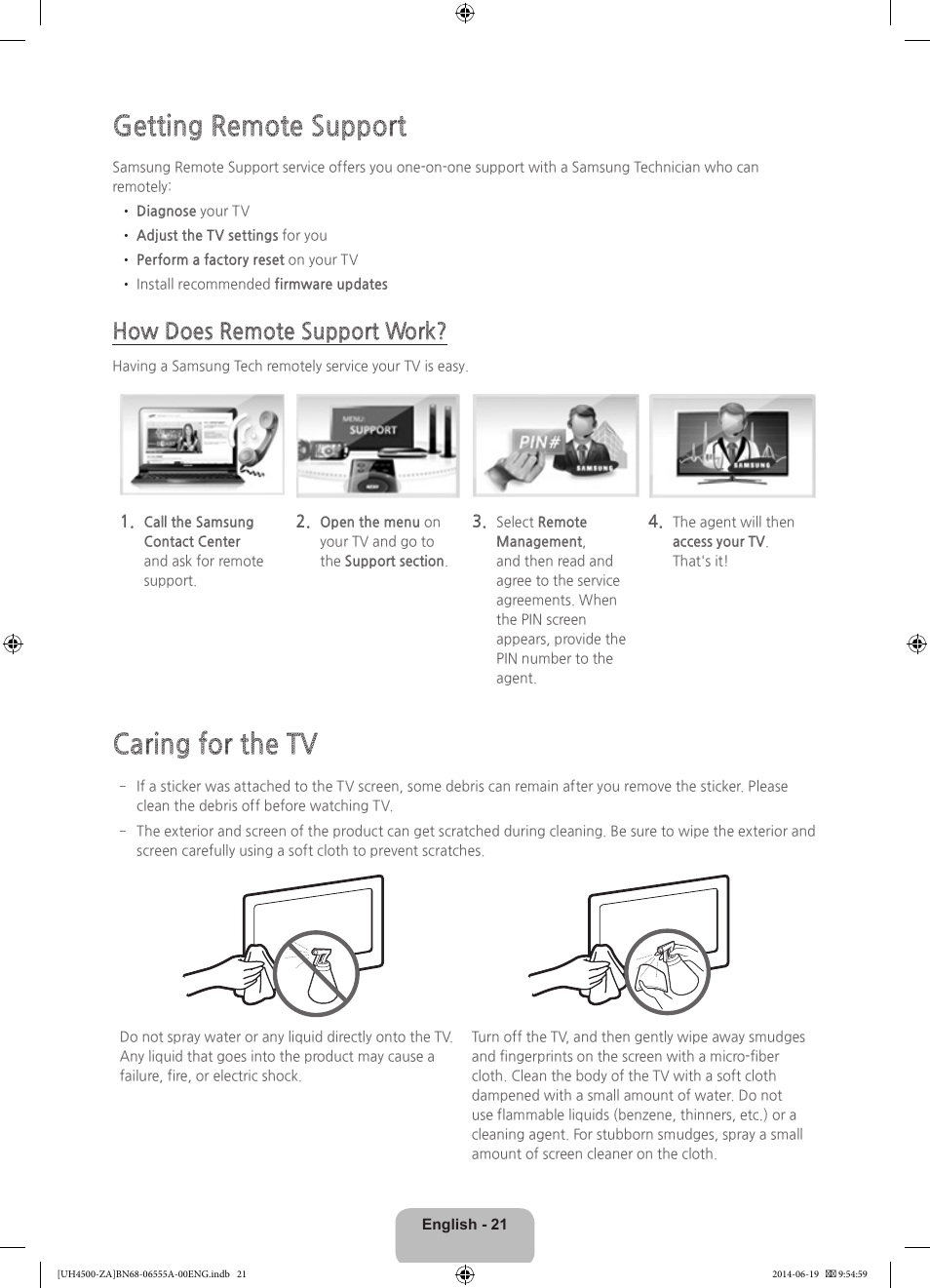 Getting remote support, Caring for the tv, How does remote support work | Samsung UN24H4500AFXZA User Manual | Page 21 / 30
