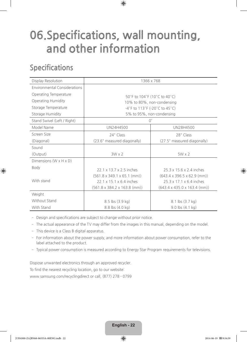 Specifications | Samsung UN24H4500AFXZA User Manual | Page 22 / 30